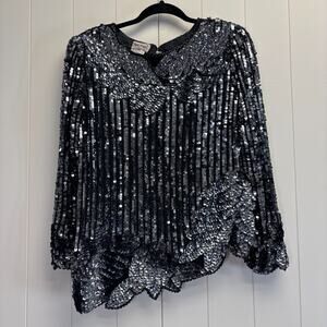 Vintage Three Flaggs Womens Glam Sequins Silk Old Money Top Size S Cocktail